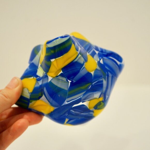 Blue & Yellow Blown Glass Hanker-chief Candle Votive - Picture 10 of 10